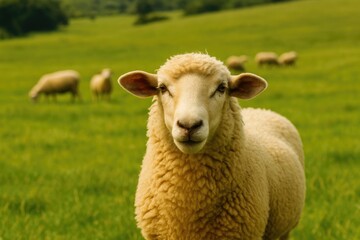 Fototapeta premium Detailed view of a sheep in a lush green pasture