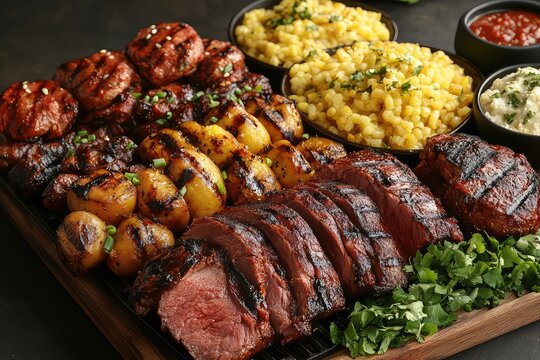 A variety of grilled meats displayed on a platter, showcasing different marinades and sides
