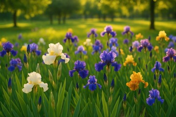 Vibrant Iris Blooms in a Sunlit Garden Scene during Summer Evenings