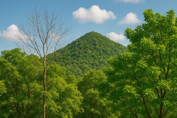 Fototapeta premium Broadleaf and lush green trees on the slopes of Dong Ka Siri Mountain