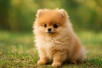 Adorable tiny Pomeranian puppy with fluffy coat