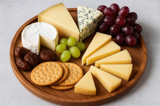 Tasty assortment of cheeses and fresh fruits arranged on a platter for serving