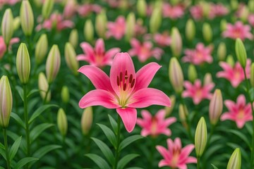 Fototapeta premium Detailed shot of a pink lily surrounded by buds and blossoms at a floral celebration