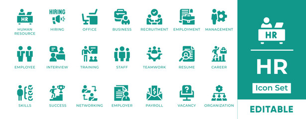 HR Icon Set. Features icons of recruitment, employee management, interviews, resumes, onboarding, and training. Perfect for HR apps, portals, and business tools.