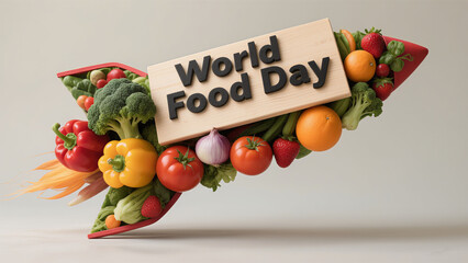The rocket shaped combination of fruits and vegetables is a focus of World Food Day on food innovation and sustainable development, used for public welfare promotion and agricultural extension 