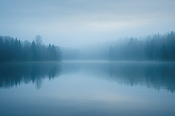 Fototapeta premium Frosty morning scene featuring a serene lake with shimmering reflections