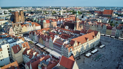 Wroclaw city center, general landscape with market square and town hall.