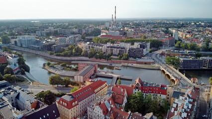 Wroclaw city center, general landscape with Odra river and University Bridge.