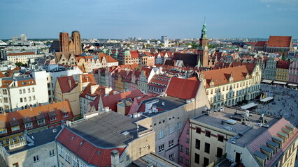 Wroclaw city center, general landscape with market square and town hall.