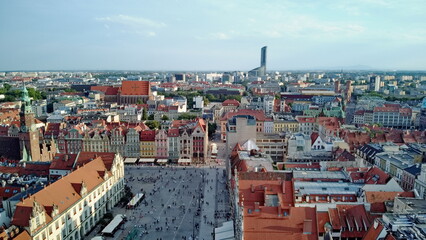 Wroclaw city center, general landscape with market square and tallest building Sky Tower.