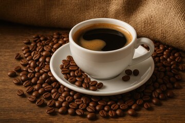 Fototapeta premium A cozy scene featuring a coffee mug and beans arranged on a rustic wooden surface with a burlap sack backdrop