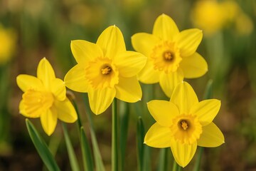 Detailed view of vibrant yellow spring flowers featuring six tepals and a central corona in a garden setting