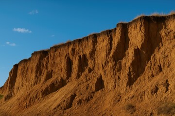 Fototapeta premium Eroded coastal landscape with a sandy cliff beneath a clear blue sky, highlighting landslide dangers.