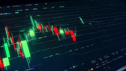 Dynamic financial trading charts display animated green and red candlestick patterns with market data visualization showing price movements and technical analysis indicators - Powered by Adobe