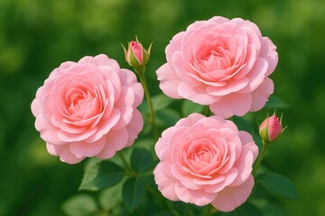 Intimate shot of vibrant pink roses against lush greenery with a summer floral scent
