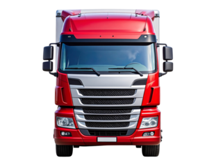  Modern Red European Freight Truck Front View with Chrome Details, isolated on transparent background PNG