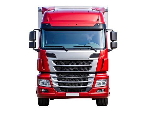  Modern Red European Freight Truck Front View with Chrome Details, isolated on transparent background PNG