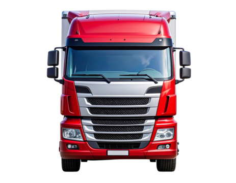  Modern Red European Freight Truck Front View with Chrome Details, isolated on transparent background PNG