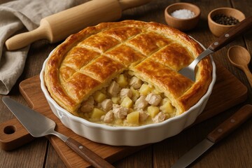 Delicious chicken and potato pie served on a dining table with puff pastry and kitchen tools ready for preparation