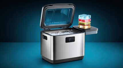 Mini Nugget Ice Maker style. Portable ice maker with visible ice cubes inside a sleek metallic design.