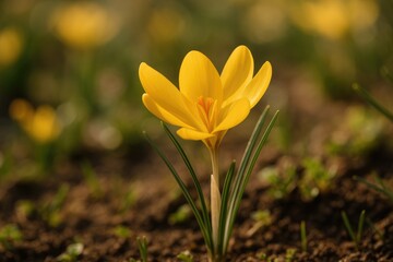 A garden scene featuring Crocus stativus in bloom