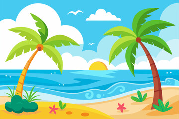 Tropical Beach Sunset with Palm Trees and Ocean Waves