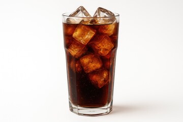 Refreshing ice-cold soda served in a tall glass on a plain white backdrop