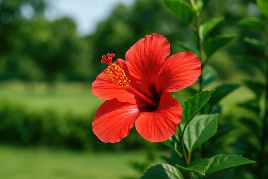 Detailed view of a vibrant red hibiscus blossom