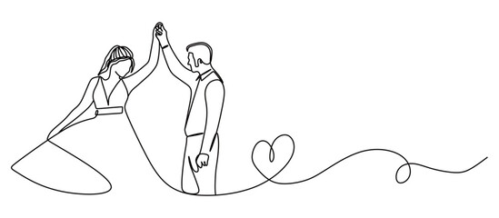 continuous line art of a pair of man and woman in wedding dress and suit performing a wedding with curved lines forming a heart. Wedding concept. this icon is for invitation cards and wall decorations