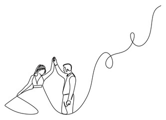 continuous line art of a pair of man and woman in wedding dress and suit performing a wedding with curved lines forming a heart. Wedding concept. this icon is for invitation cards and wall decorations