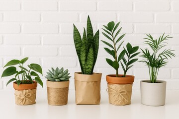 Indoor greenery displayed in handmade containers against a white brick background