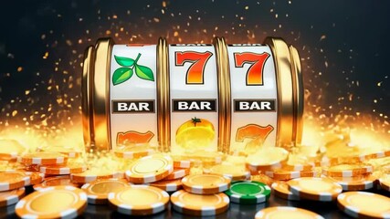 Slot machine jackpot with gold coins and poker chips flying excitement and winning sevens with - Powered by Adobe
