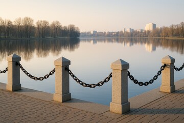 Morning scene at a lake featuring a decorative water barrier made of steel chains and stone pillars amidst a lush spring landscape
