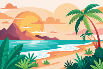 Tropical Beach Sunset with Palm Trees and Ocean Waves