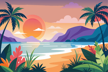 Tropical Beach Sunset with Palm Trees and Ocean Waves