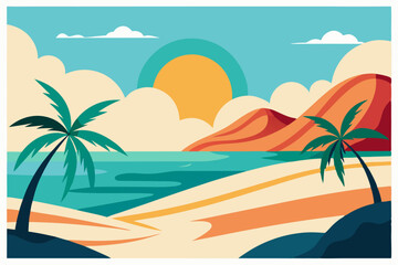 Tropical Beach Sunset with Palm Trees and Ocean Waves