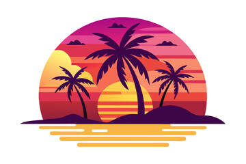 Tropical Beach Sunset with Palm Trees and Ocean Waves
