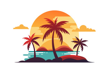 Tropical Beach Sunset with Palm Trees and Ocean Waves