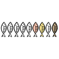 Obraz premium Eight stylized fish illustrations in black white beige pink and yellow arranged in a row simple