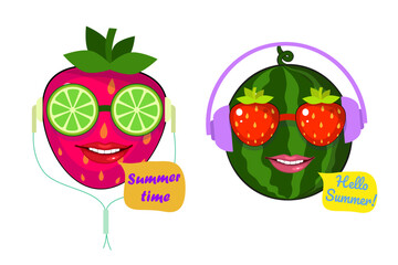 Watermelon and strawberry cute cartoon characters. Cover for juice, drinks and fresh organic food. Summer fruit design