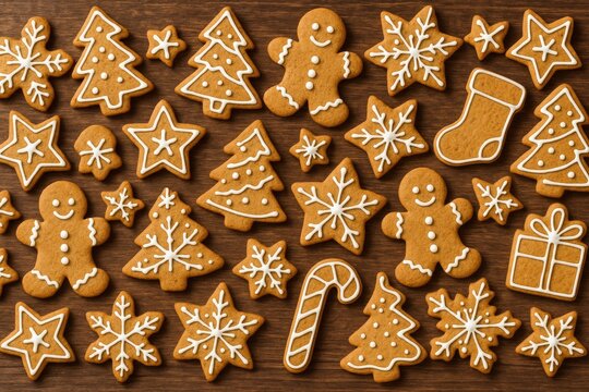 Festive handcrafted gingerbread treats arranged on a rustic wooden surface for holiday decor