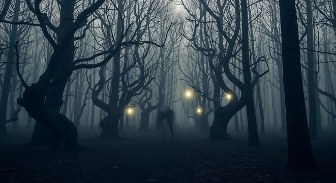 Misty Dark Forest with Glowing Orbs and Mysterious Figure Enchanted Woods Landscape.