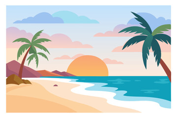 Tropical Beach Sunset with Palm Trees and Ocean Waves