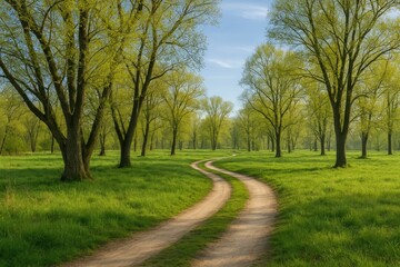 Meandering trail through wetland woodland on a bright spring morning