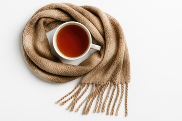A cozy beverage alongside a soft scarf on a plain white surface. Top-down view.