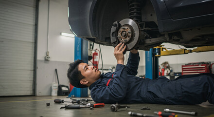 Asian male mechanic lying down replacing brake pads in automotive service center