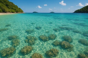 Fototapeta premium Crystal-clear waters revealing rocky seabed in a bay surrounded by islands
