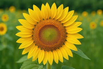 Fototapeta premium Detailed view of a sunflower in full bloom on a grassy field. Natural setting with emphasis on the flower's petals.