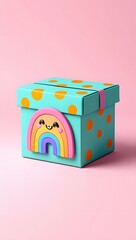 Cute rainbow gift box present polka dots teal pink background adorable cheerful colorful design
