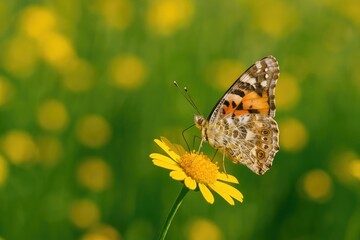 Obraz premium Detailed view of a butterfly perched on a vibrant yellow wildflower